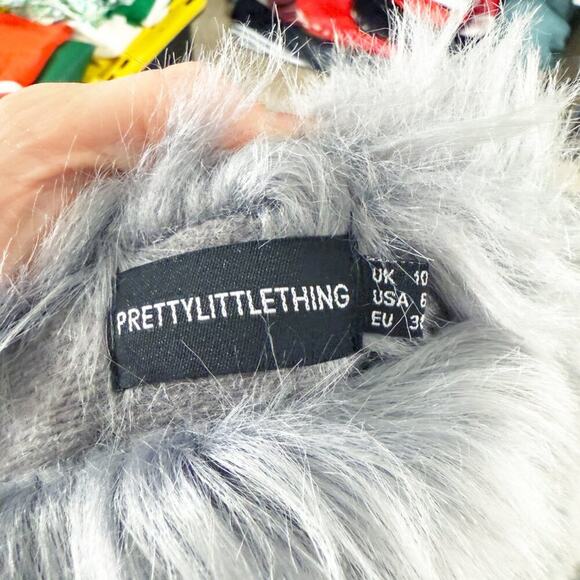 Pretty Little Thing Gray Faux Fur Bubble Coat Women's Size 6 EUC Open Front - Picture 5 of 6